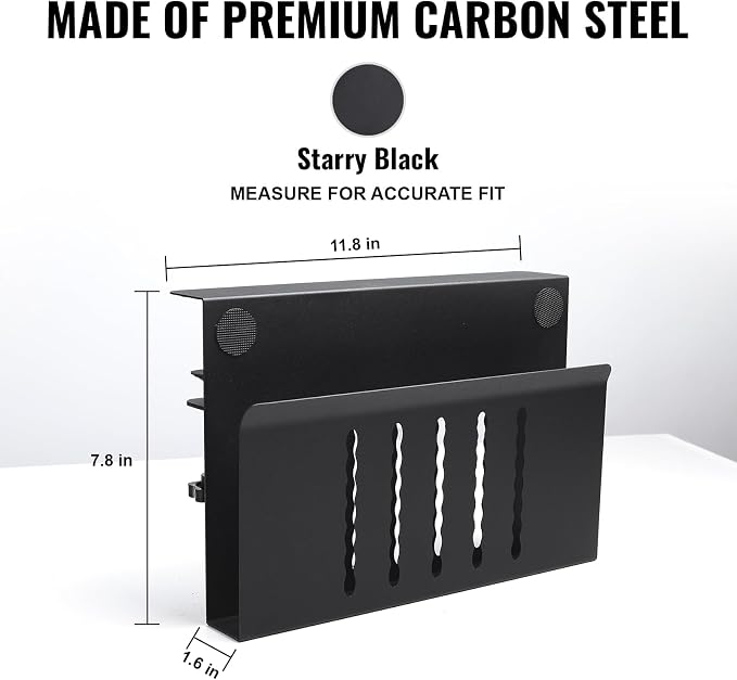 Desk Side Storage Organizer, Under Desk Laptop Holder with Magnetic Pen Holder, No Drill Hanging Desk Caddy for Office & Home, Clamp On Desk Shelf for Tablet, Files, Accessories (Black)