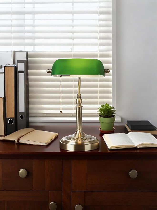 Green Glass Bankers Desk Lamp with Pull Chain Switch Plug in Fixture for Home Office