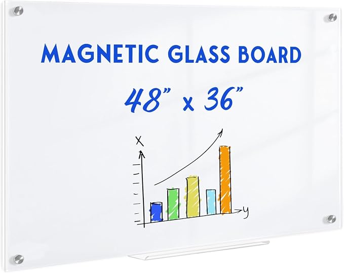 Magnetic Glass Whiteboard, 4' x 3', Frameless Wall Mount, Ultra White | 48" x 36", Large Glass Dry Erase Board for Wall, Includes 1 Marker Tray, 6 Magnets, White Board for Office, Home, Classroom
