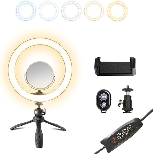 10" Desk Ring Light with Stable Tripod & Interchangeable Makeup Mirror/Phone Clamp, 120 LEDs 5 Dimmable Color & 10 Brightness Level, Ring Light for Desk/Zoom/TikTok/Makeup