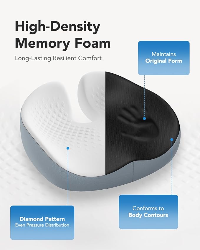HUANUO Seat Cushion for Office Chair, Extra Large Memory Foam Cushion for Office Chair,Car & Wheelchair - Sciatica & Tailbone Pain Relief for Long Sitting, Ergonomic Design with Anti-Slip Bottom