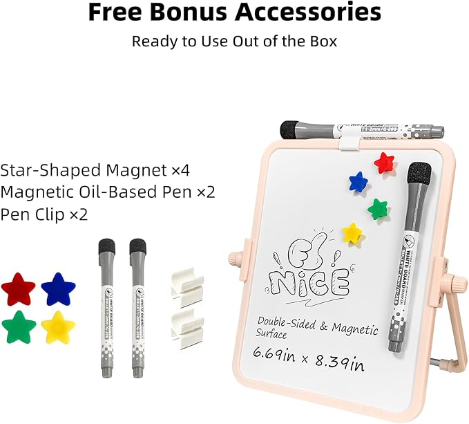 Colorful Dry Erase White Board 6.7x8.4in, Magnetic Desktop Board with Stand, 2 Markers (Eraser Head), 4 Magnets - Double-Sided Easel for Daily Planning, Memo, Office/Home/School (Pink)