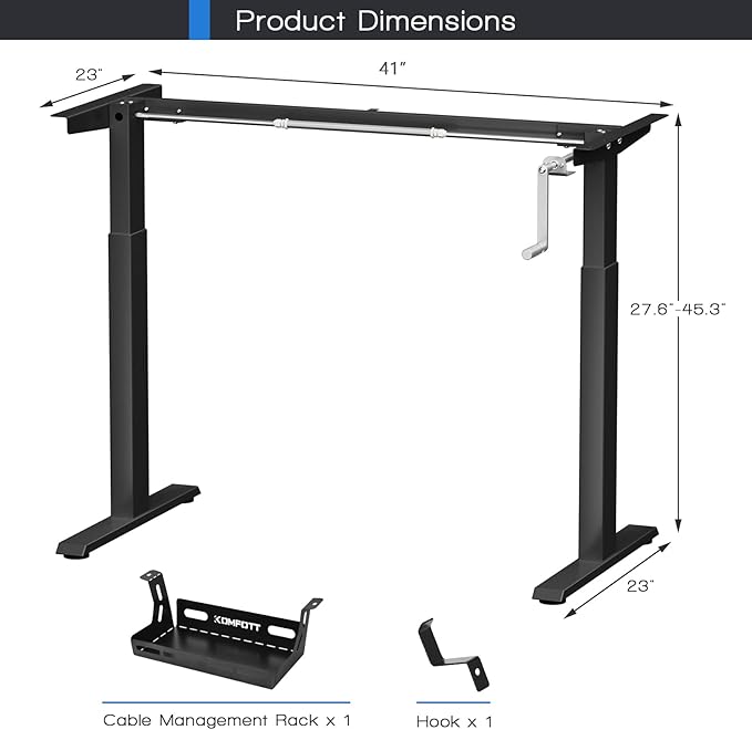 COSTWAY Crank Standing Desk Frame, Manual Hand Crank Workstation Base, Ergonomic Sit to Stand Base w/Foldable Crank Handle, Hook, Cable Management Rack (Black)