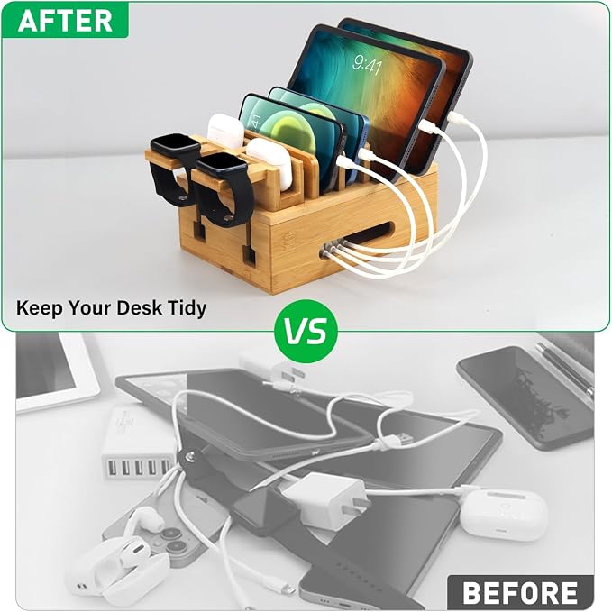 Bamboo Charging Station for Multiple Devices, Desktop Organizer Docking Station, Natural Bamboo Desk Storage Stand for Phone, Tablet, Earbuds, Smart Watch (Power Adapter Not Included)