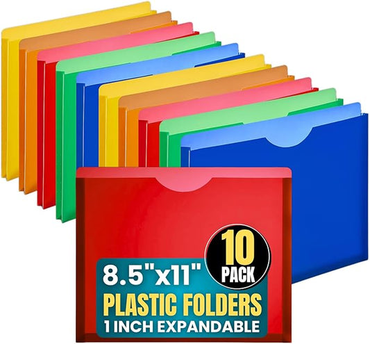 1InTheOffice File Folders, Plastic, Assorted Colors, Letter Size, Expandable, 20 Pack
