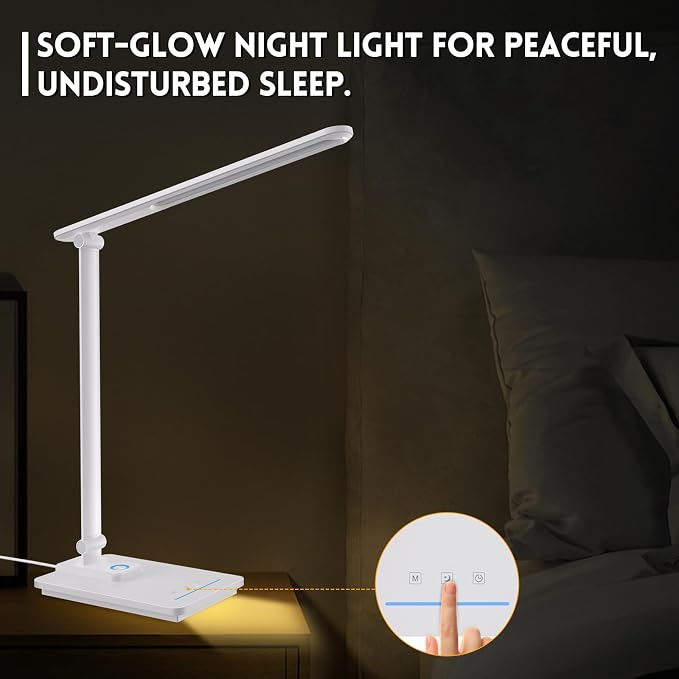 LED Desk Lamp for Home Office, USB Charging Port, Reading Desk Light with 5 Color Temperatures, Stepless Dimming, Table Lamp with Timer, Night Light, Foldable Desk Lamp for College Dorm Room (White)