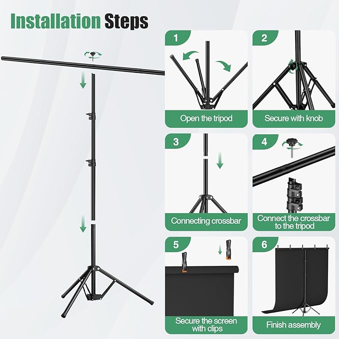 Black Backdrop Kit, 5×7ft Portable Black Photo Background with Adjustable T-Shaped Stand, 5 Clamps, Carrying Bag for Parties, Streaming, Photography, Zoom, Gaming, Video Studio
