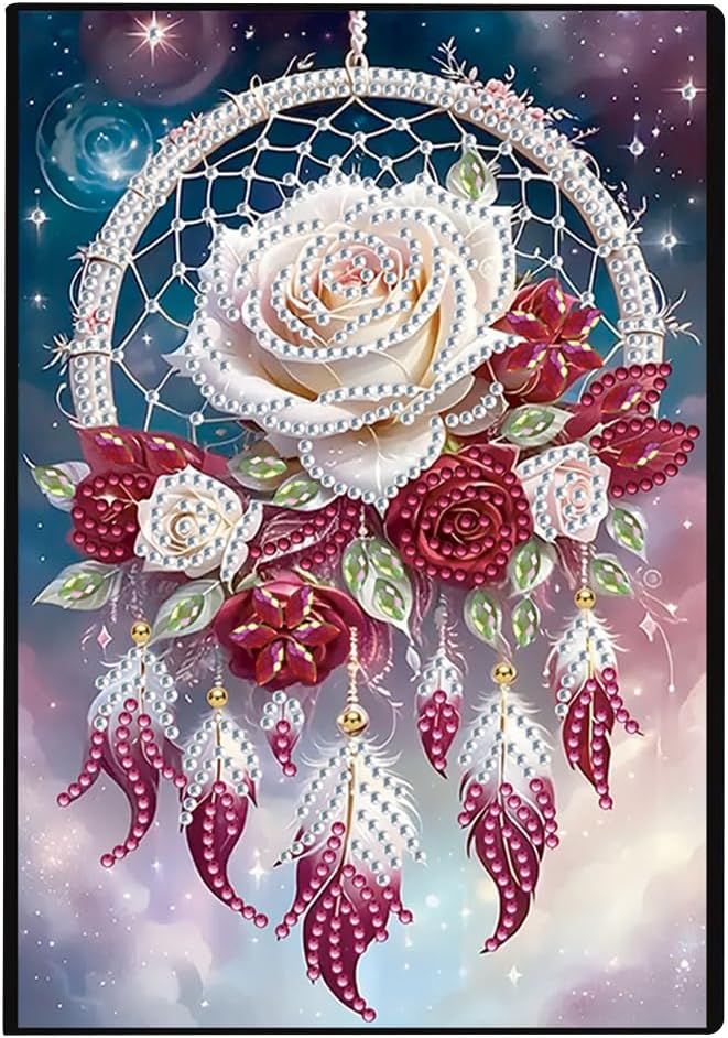 FRANDEK A5 50-Page DIY Diamond Art Painting Notebook with Beautiful Patterns, Special Shaped Diamond Art Craft for Beginners Adults Gift(Rose Dream Catcher)