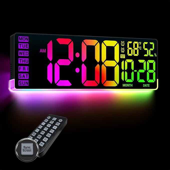 16.5" Large Digital Wall Clock for Classroom, Sync Screen RGB Backlight | 11 Screen Colors, 13 U-Shaped RGB Modes, Temp Humidity, Auto DST, Dual Alarm, Timer, Digital Clock for Gym Gaming Room