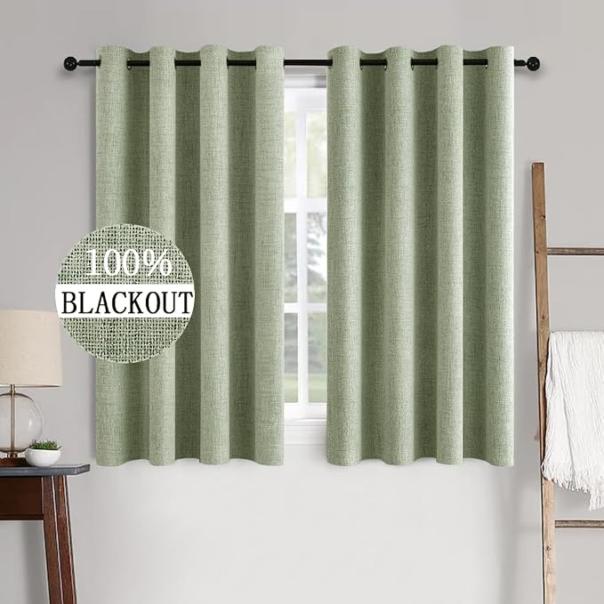 MIULEE Linen Texture Curtains for Bedroom Solid 100% Blackout Thermal Insulated Sage Green Curtains Grommet Room Darkening Drapes for Living Room 52x63 Inch (2 Panels)