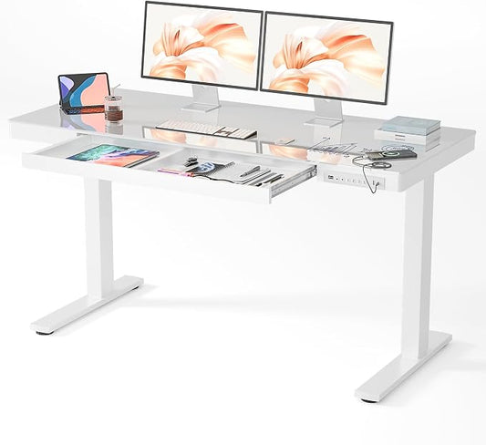 Realbear Glass Standing Desk with Drawer, Electric Standing Desk, Height Adjustable Desk with One-Piece Tabletop & USB Charging Ports