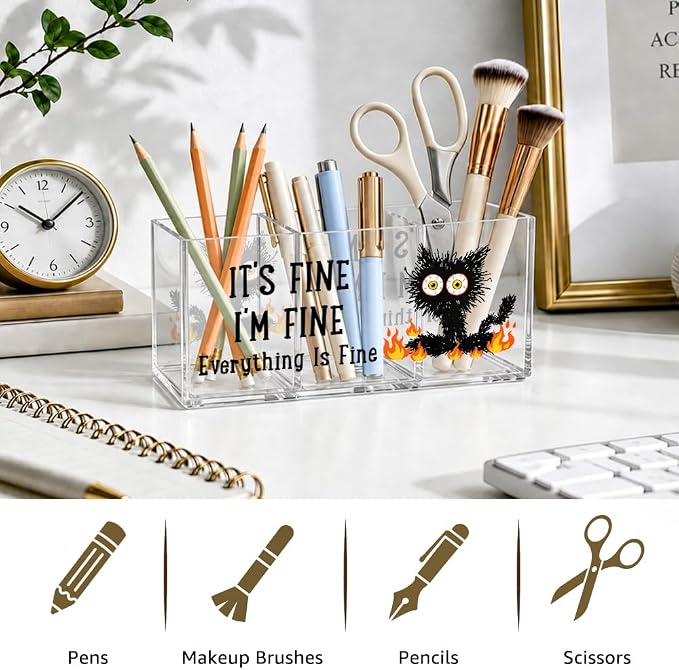 It's Fine 3 Compartment Acrylic Makeup Organizer & Pen Holder, Black Cat Cosmetic Storage Box for Lipstick Brushes Skincare, Desk Organizer for Office School Vanity, Office Gifts for Coworker
