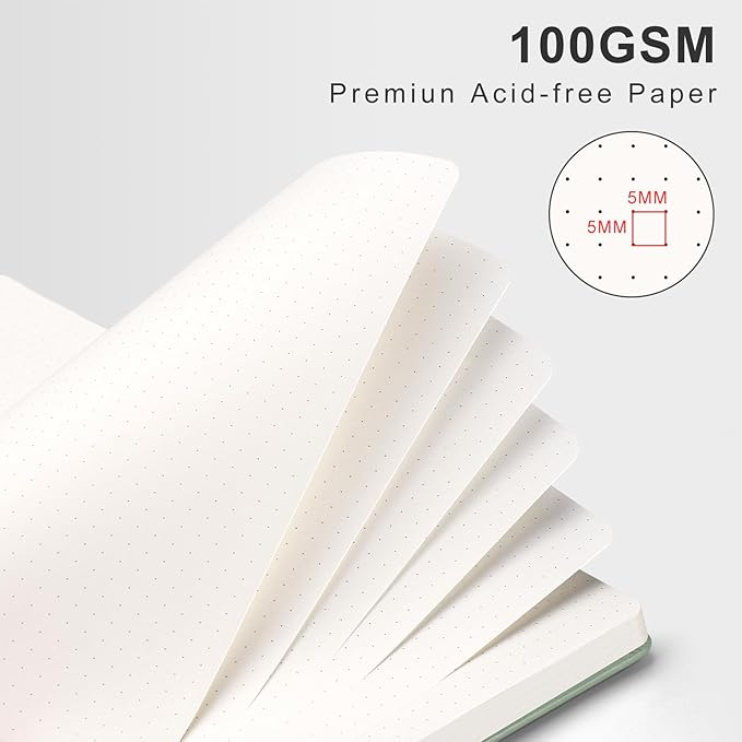 AHGXG HGXG Dotted Journal Spiral Notebook, Large B5 Dotted Notebook 140 Pages, Leather Hardcover, 100 GSM Thick Dot Grid Paper, Inner Pocket, for Dotted Journaling, 7.6" x 10", Sage Green