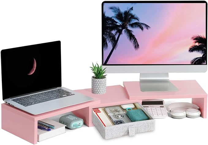 TEAMIX Pink Dual Monitor Stand Riser with Drawer - Length and Angle Adjustable Double Corner Desk Shelf Organizer 37 inch for 2 Laptop/PC/Screen/TV