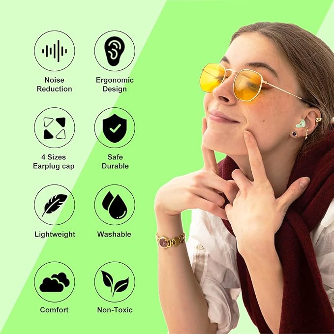 Ear Plugs for Sleeping Ultra-Comfy Silicone Earplugs for Concerts Noise Cancelling Reusable Noise Reduction Earbuds for Travel Focus Work 33-45dB Hearing Protection with 9 Tips & Case (Green)