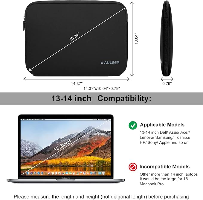 AULEEP 13-14 Inch Laptop Sleeves, Neoprene Water-Resistant Notebook Computer Pocket Tablet Chromebook Carrying Sleeve for MacBook Air/MacBook Pro 13-14 inch for HP/Dell/Lenovo/Asus/Acer, Black