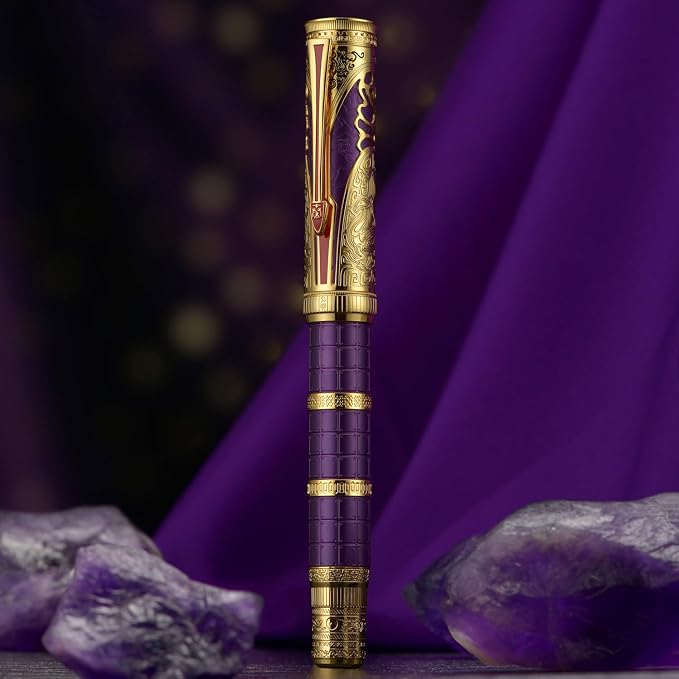 HONG DIAN D5 Qin Dynasty Fountain Pen Purple Gold, Extra Fine Nib Piston Filling Pen, Retro Chinese Totem Engraving Smooth Writing Pen with Pen Box Set