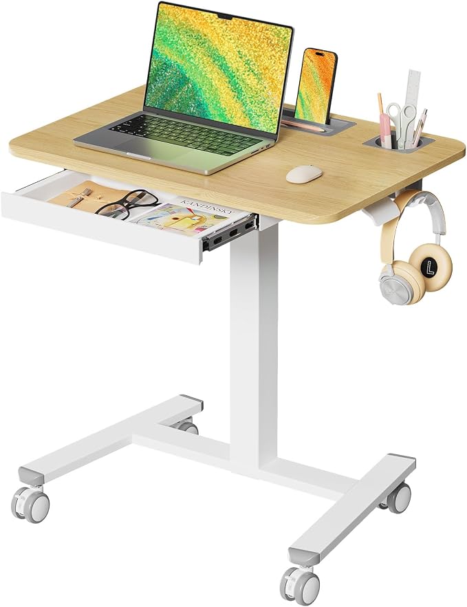 28" Mobile Standing Desk with Drawer, Portable Laptop Desk | Rolling Desk with Cup Holder & Hooks, Height Adjustable Computer Cart on Wheels for Classroom, Study Desk with Storage, Maple