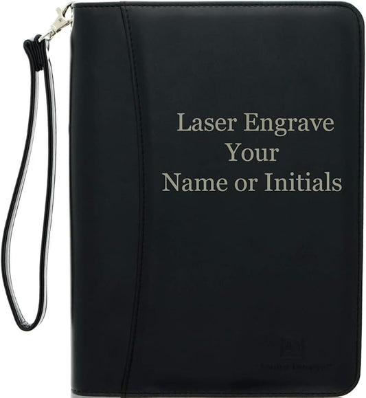 Customized Black Zippered Portfolio Binder with Junior Legal 5x8 Notepad - Engraved PU Leather Business Padfolio Organizer Folder with 8" Tablet Sleeve & Gift Box by Lautus Designs
