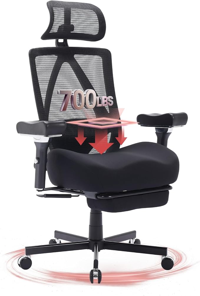 Big and Tall Office Chair 700lbs, Ergonomic Desk Chair with W Wide Thick Cushion, Executive Mesh Office Chair with Adjustable Headrest, Lumbar, Footrest, 4D Armrest Computer Task Chairs for Nap, Black