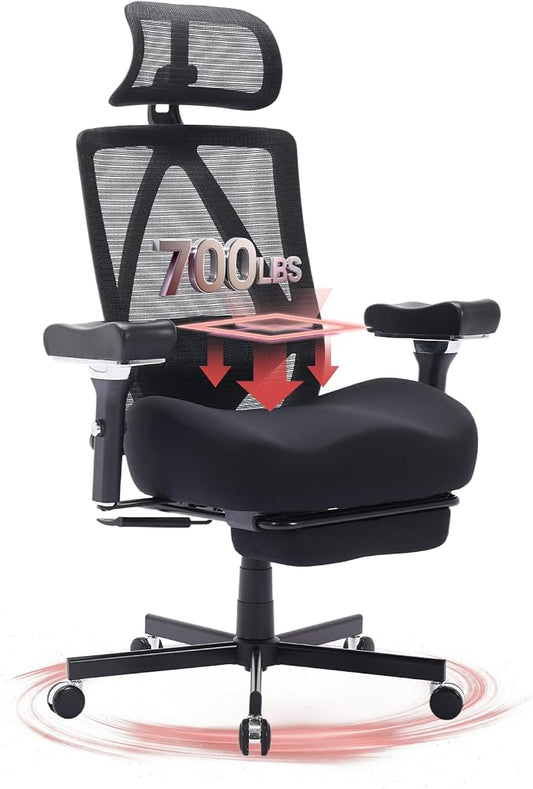Big and Tall Office Chair 700lbs, Ergonomic Desk Chair with W Wide Thick Cushion, Executive Mesh Office Chair with Adjustable Headrest, Lumbar, Footrest, 4D Armrest Computer Task Chairs for Nap, Black