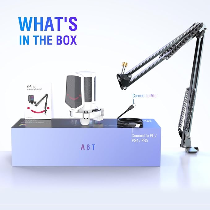 FIFINE Streaming Gaming USB Microphone Kit, PC Condenser RGB Mic Compatible with PS4/PS5, Plug and Play for Music Recording, Online Game, Discord, Twitch, with Pop Filter, Shock Mount-A6T White
