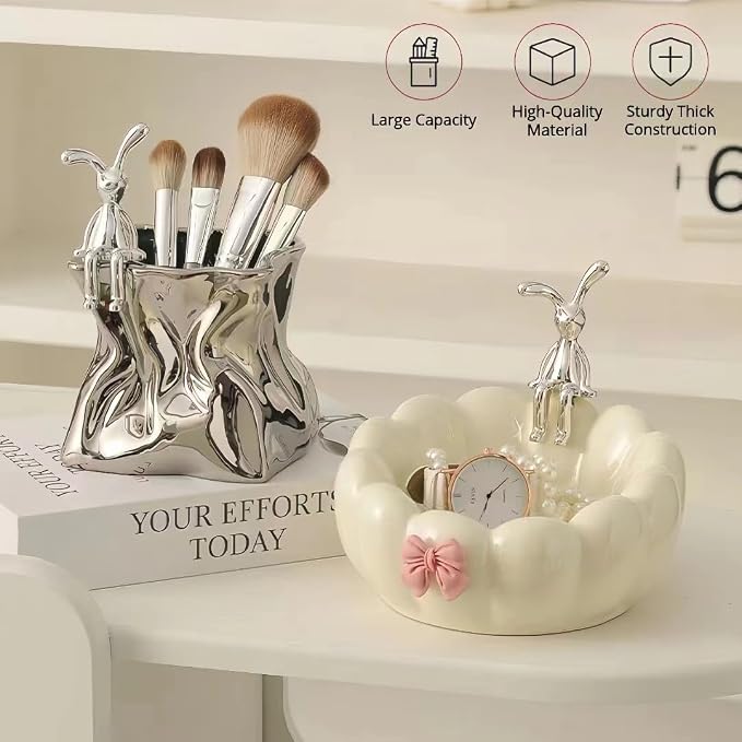 Irregular Aesthetic Pen Holder for Desk Bunny Designer Cute Office Supplies Cubicle Decor Kawaii Workspace Accessories Boho Makeup Organizer Pencil Cup Caddy for Home Office (Yellow A)