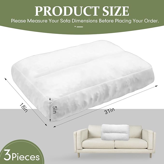 JZHLLA 3 PCS Shredded Foam Sofa Back Cushions Replacement Fluffy Memory Sponge Couch Pillow with Quilted Design 31x18x5 Inch Lumbar Support Pillow for Sofa Bed Floor