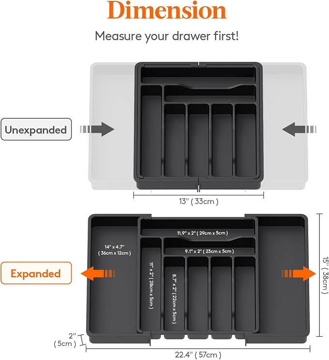 Lifewit Utensil Organizer for Kitchen Drawer, Expandable Cooking Silverware Tray, Adjustable Cutlery Flatware Holder, Plastic Spatula Tools Storage Divider, 13-22.4 x 15", Black