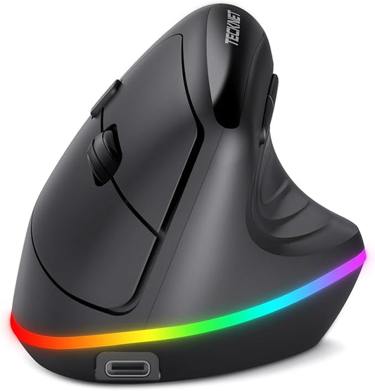 TECKNET RGB Bluetooth Ergonomic Mouse Rechargeable Wireless Multi-Device | 11 LED Backlight Modes, 4800 DPI Adjustable, Optical Tracking, Bluetooth+USB, Vertical Ergo Mice for PC, Mac, Laptop, Black