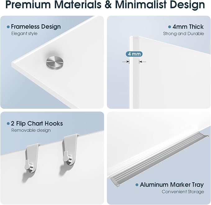 MaxGear Tempered Glass Whiteboard Dry Erase Board 48x36 Inch Untra White | Magnetic Steel,Frameless Design,Smooth Writing,Ghost Free,Wall Mounted,Accessory Kits,Office Classroom Conference Room Use