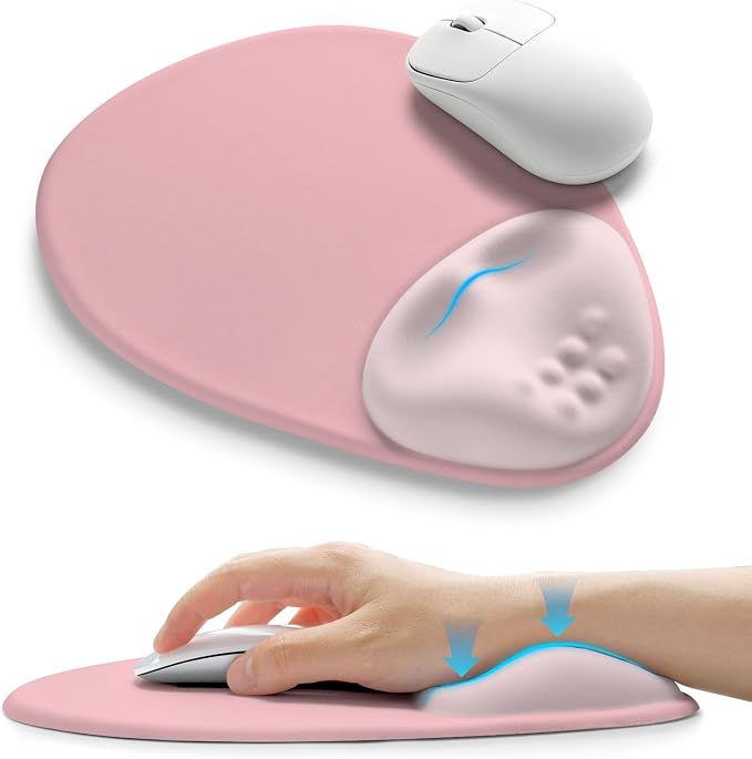 Palm-Rest and Wrist-Hugging Mouse Pad Wrist Rest, Ergonomic Wrist Support with Curve Fitting Cushioned Memory Foam for Carpal Tunnel Pain Relief, 9.9 x 8.3 Inch,Pink Serenity