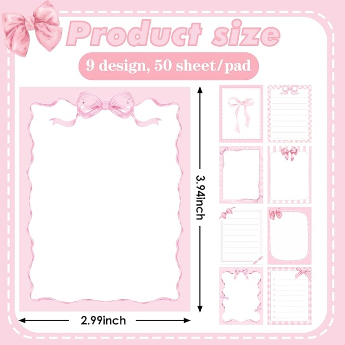 Coquettte Pink Bow Sticky Notes - 9 PCS Pink Post It Notes Coquettte School Supplies Aesthetic Self Stick Note to Do List Memo Pads Office Stationery for Women Girls Girly 3x3 Inches
