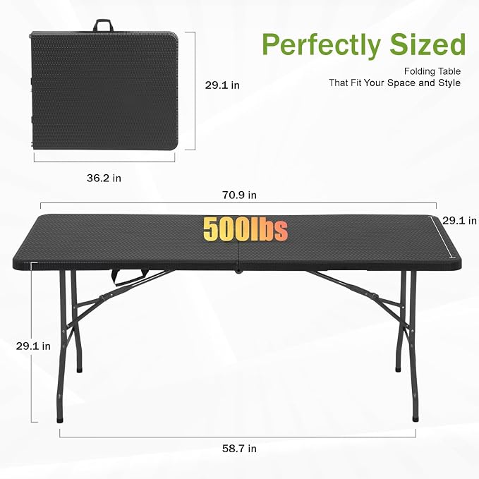 FDW 6FT Plastic Folding Table, Portable with Carrying Handle Perfect for Indoor, Outdoor, Party, Dining, Wedding, Events, Camping, Black Ratten