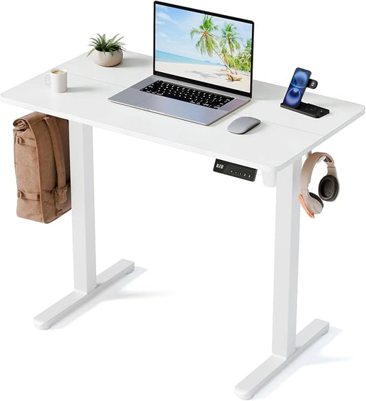 35" Electric Standing Desk, Small Sit Stand up Desk, White | Height Adjustable Computer Desk for Home Office, Compact Work & Gaming Desk with Cable Management and Stable Steel Frame