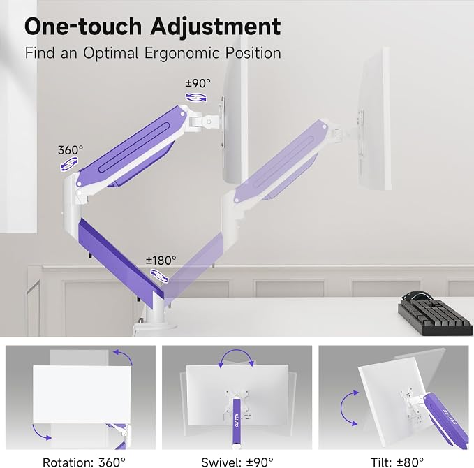 Suptek Monitor Mount Gas Spring Monitor Arm Desk Mount Fully Adjustable Fits 17 20 22 23 24 26 27 32 35 inch Monitors Weight Capacity up to 24.25 lbs (White+Purple, 17"-35")