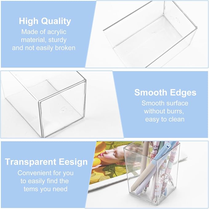 RETON 9 Pack Acrylic Pen Holder, Clear Pencil Organizer for Desk, Makeup Brush Storage, Small Desktop Bookmark Holders for Classroom, Home, Office Stationery (Square)