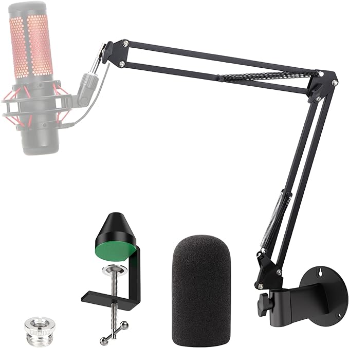YOUSHARES Wall Mount QuadCast Boom Arm Stand with Mic Windscreen and Table Mount Clamp, Mic Stands and Holders Compatible with HyperX QuadCast S Microphone