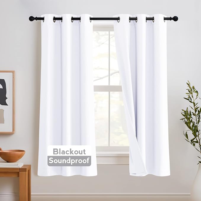 RYB HOME Thermal Curtains Soundproof - 3-in-1 Drapes Noise Barrier - 100% Blackout - Energy Efficient Window Curtains for Bedroom Nursery Home Theatre, 42 x 63 inch, Pure White, 2 Pcs
