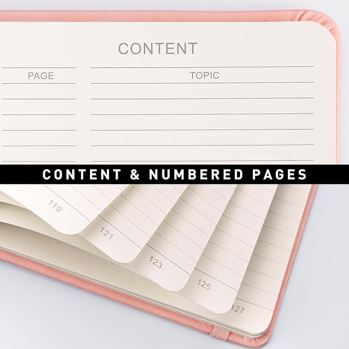 AHGXG Lined Journal Notebook, 160 Numbered Pages, A5 Medium Size (5.7'' x 8.3''), 120 GSM Thick Paper, for Men & Women, Journaling, Writing, Work & Office, Leather Hardcove (Pink)