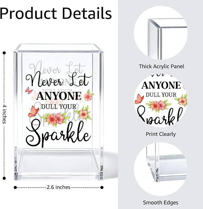 Never Let Anyone Dull You Sparkle Acrylic Cosmetic Organizer Pen Holder, Motivational Acrylic Desk Holder Cup for Pen Pencil, Inspirational Office Gifts for Women Coworker Femal Leader Bestie