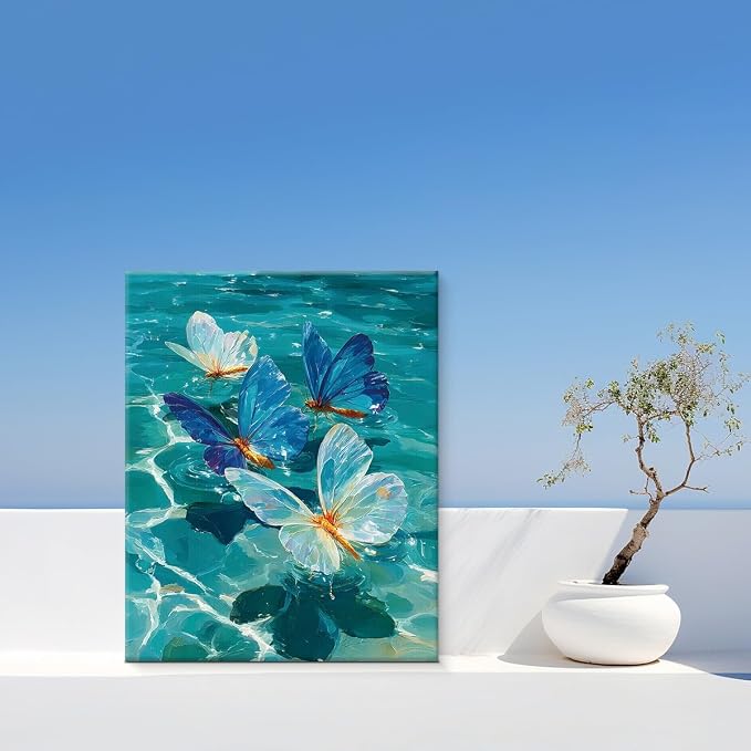 Coastal Ocean Butterfly Wall Art Decor Blue Beach Sea Picture Painting Artwork Blue Butterflies Wall Decor for Home Beach Room Bedroom 8x10 Canvas Framed