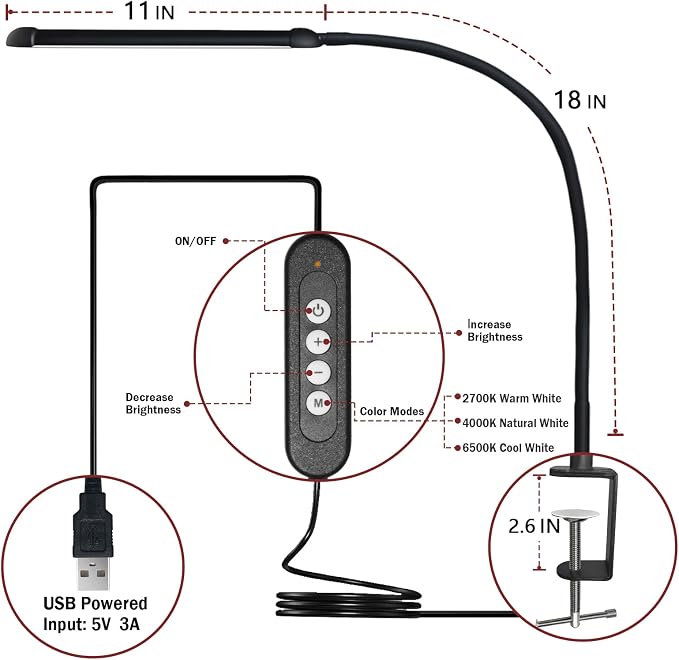 Metal LED Desk Lamp with Clamp, 12W USB Powered Desk Light, 18" Flexible Gooseneck, 3 Color Modes, 10 Brightness Levels, Eye-Caring Lamp for Study, Reading, Work, Home Office, Black