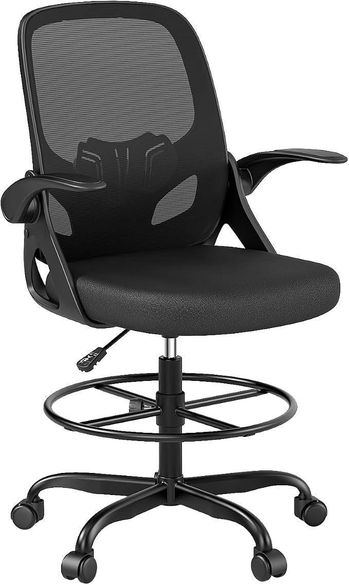 Kensaker Drafting Chair Tall Office Chair, Ergonomic Standing Desk Chair with Adjustable Foot Ring and Flip-up Armrests, Mesh Computer Chair for Art Studio, 300 LBS, Black