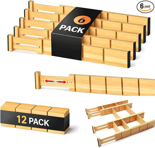 6 Pack Bamboo Drawer Dividers, Adjustable 17–22 Inch Expandable Drawer Organizer for Kitchen, Dresser & Closet, Bamboo Kitchen Drawer Organizer, Drawer Divider Set with 12 Inserts
