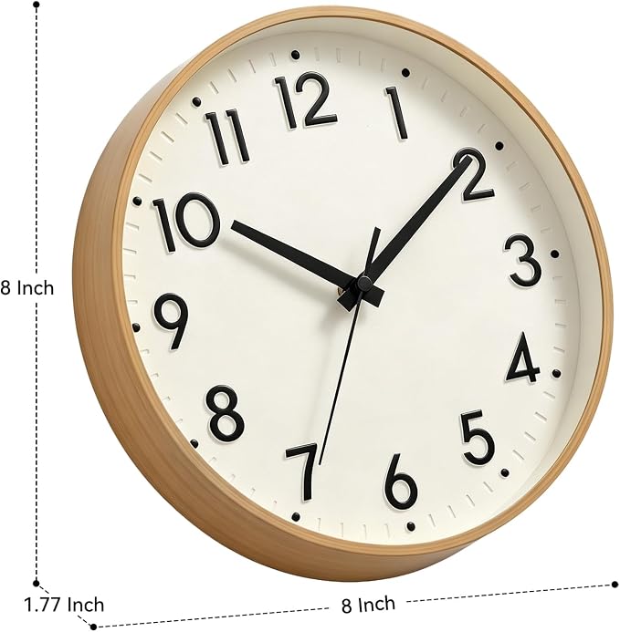 Mosewa Small 8 Inch Wall Clock Battery Operated Silent Non Ticking Analog | Beige modern clock; oversized 3D easy-read dial for kitchen, bedroom & office; 1 AA battery (not included)