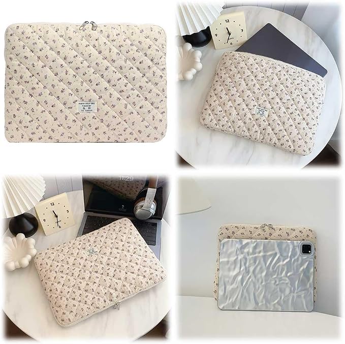 Cute Laptop Sleeve 13-15 inch Laptop Case Aesthetic Quilted Laptop Sleeve Computer Bag with Flower Printing for MacBook (Purple, 15inch)
