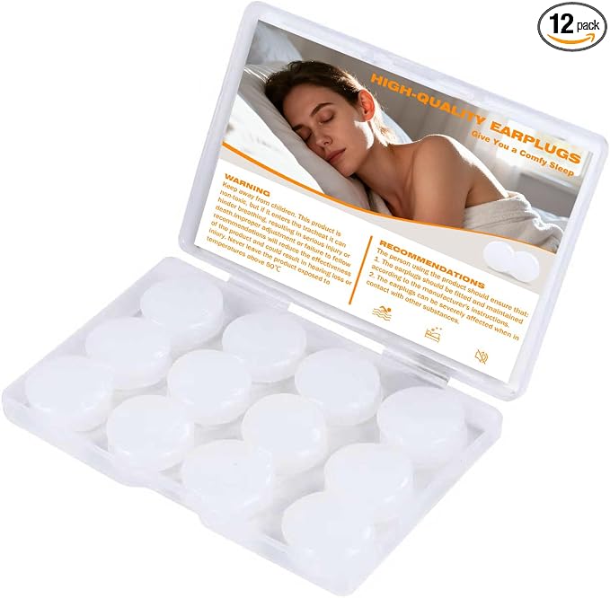 12 Pack Reusable Silicone Ear Plugs, Great for Sleep and Swimming | Shapeable Silicone Earplugs for Noise Reduction, with a Soundproofing Level of 32 Decibels, Color: White