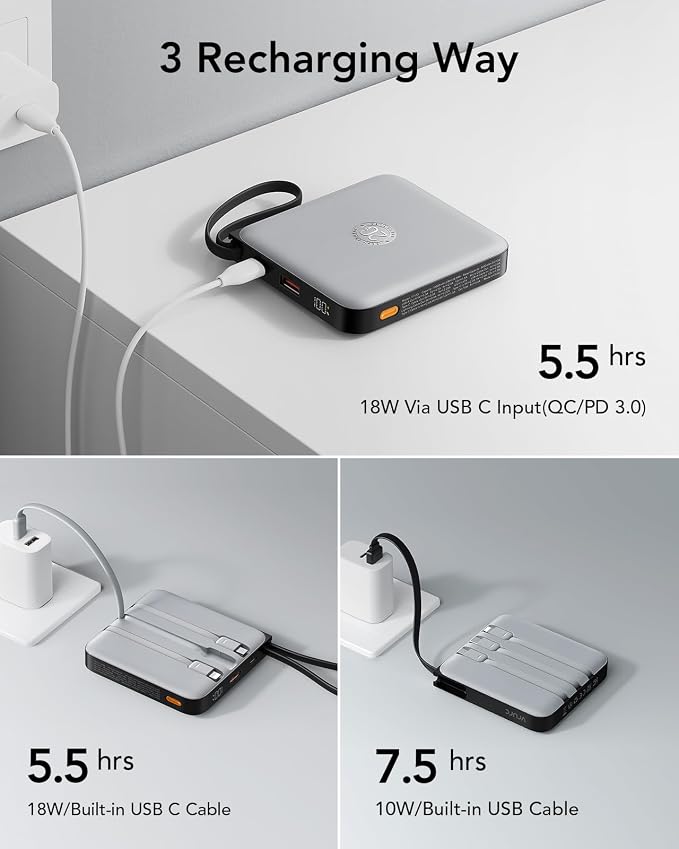 20000mAh Power Bank with 4 Built-in Cables, Travel Essentials, Gray(1 Pack) | Portable Phone Charger Fast Charging 22.5W USB C Battery Pack for iPhone 17/16/15 Series, Samsung Galaxy Series etc