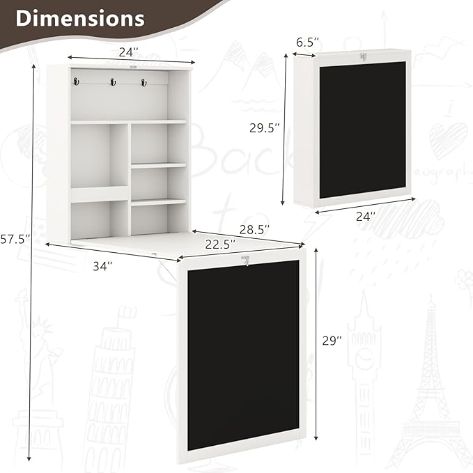 SIMOE Floating Wall-Mounted Desk, Storage Shelves and Hooks, Foldable Murphy Table with Chalkboard, Space-Saving Solution for Home Office, Bedroom, Dorm Room and Small Spaces